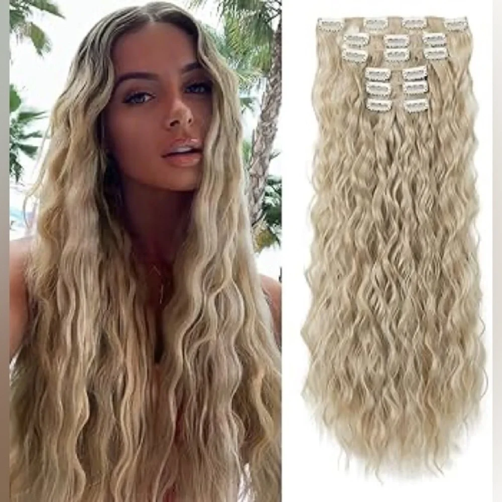 Natural Curly Ash light Blonde Volumizing beautiful Hair extesnsions Set 24 in